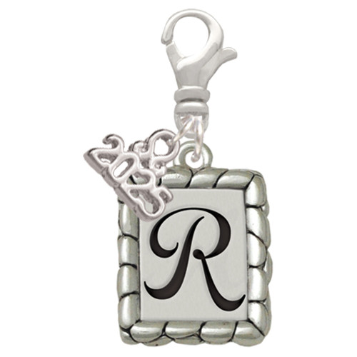 Silver Plated Pebble Border Initial - R - Silver Plated Clip on Charm with Mini Year 2025: Year to Remember Jewelry Gift - Celebrations
