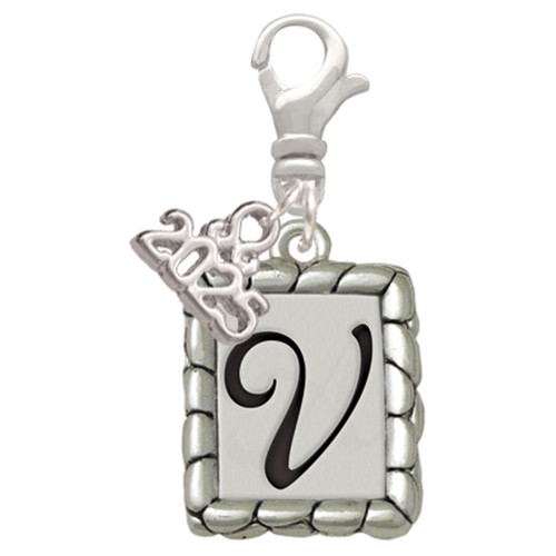 Silver Plated Pebble Border Initial - V - Silver Plated Clip on Charm with Mini Year 2025: Year to Remember Jewelry Gift - Celebrations