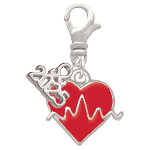 Silver Plated Heartbeat on Red Heart - Silver Plated Clip on Charm with Mini Year 2025: Year to Remember Jewelry Gift - Celebrations