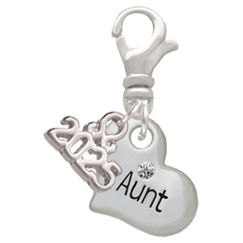 Silver Plated Small ''Aunt'' Heart with Clear Crystal - Silver Plated Clip on Charm with Mini Year 2025: Year to Remember Jewelry Gift - Celebrations