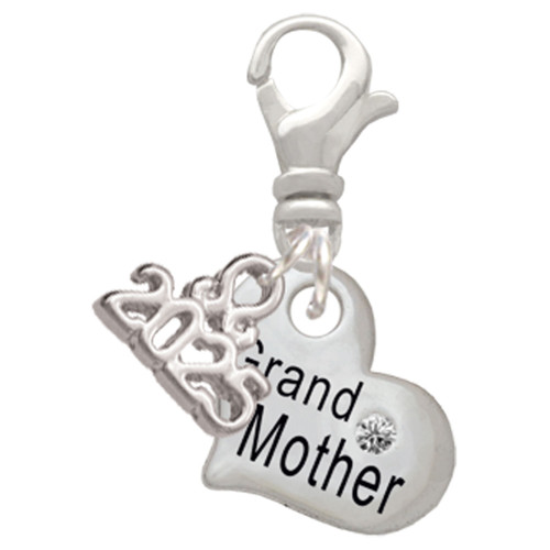 Silver Plated Small ''Grandmother'' Heart with Clear Crystal - Silver Plated Clip on Charm with Mini Year 2025: Year to Remember Jewelry Gift - Celebrations