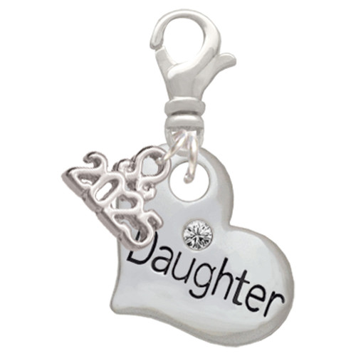 Silver Plated Large ''Daughter'' Heart with Clear Crystal - Silver Plated Clip on Charm with Mini Year 2025: Year to Remember Jewelry Gift - Celebrations