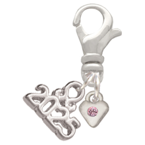 Silver Plated Mini Light Pink Crystal Heart - Silver Plated Clip on Charm with Mini Year 2025: Year to Remember Jewelry Gift - Celebrations