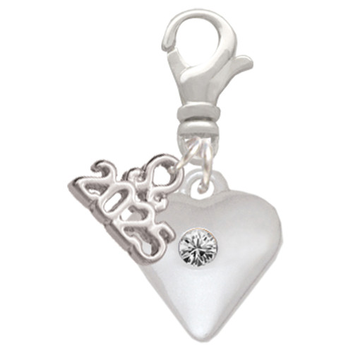 Silver Plated Large April - Clear Crystal Heart - Silver Plated Clip on Charm with Mini Year 2025: Year to Remember Jewelry Gift - Celebrations