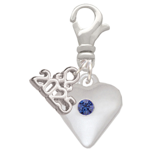 Silver Plated Large September - Blue Crystal Heart - Silver Plated Clip on Charm with Mini Year 2025: Year to Remember Jewelry Gift - Celebrations
