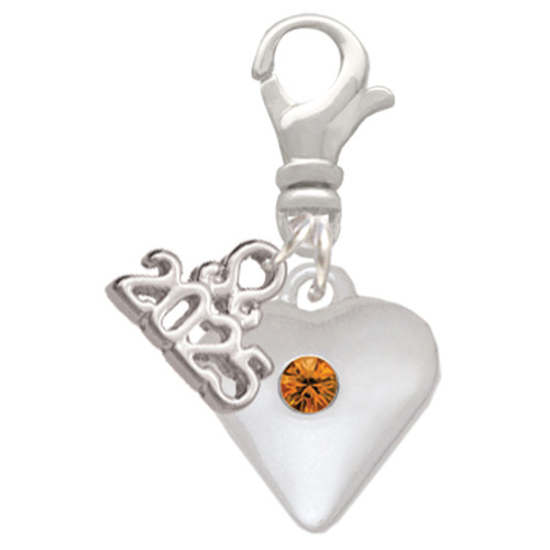 Silver Plated Large November - Yellow Crystal Heart - Silver Plated Clip on Charm with Mini Year 2025: Year to Remember Jewelry Gift - Celebrations