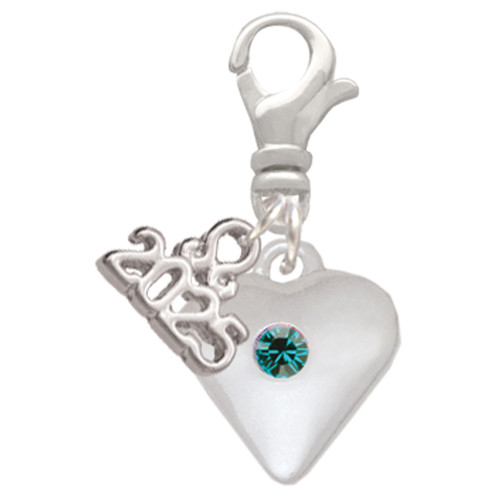 Silver Plated Large December - Teal Crystal Heart - Silver Plated Clip on Charm with Mini Year 2025: Year to Remember Jewelry Gift - Celebrations