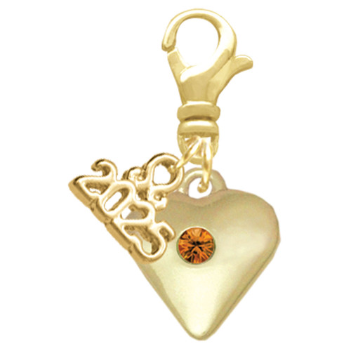 Gold-tone Large Yellow Crystal Heart - Gold-tone Plated Clip on Charm with Mini Year 2025: Year to Remember Jewelry Gift - Celebrations