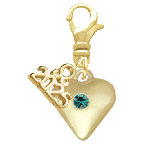 Gold-tone Large Teal Crystal Heart - Gold-tone Plated Clip on Charm with Mini Year 2025: Year to Remember Jewelry Gift - Celebrations