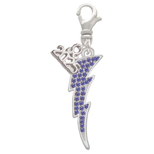 Silver Plated Large Blue Crystal Lightning Bolt - Silver Plated Clip on Charm with Mini Year 2025: Year to Remember Jewelry Gift - Celebrations