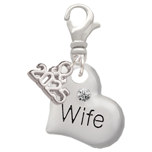 Silver Plated Large Wife Heart - Silver Plated Clip on Charm with Mini Year 2025: Year to Remember Jewelry Gift - Celebrations