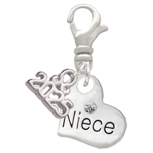 Silver Plated Small Niece Heart - Silver Plated Clip on Charm with Mini Year 2025: Year to Remember Jewelry Gift - Celebrations