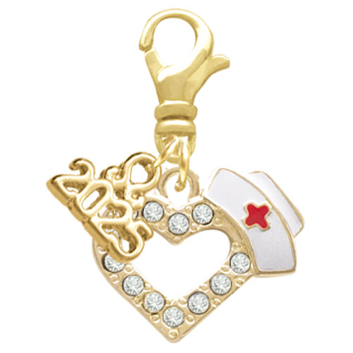 Gold-tone Small Crystal Heart with Nurse Hat - Gold-tone Plated Clip on Charm with Mini Year 2025: Year to Remember Jewelry Gift - Celebrations