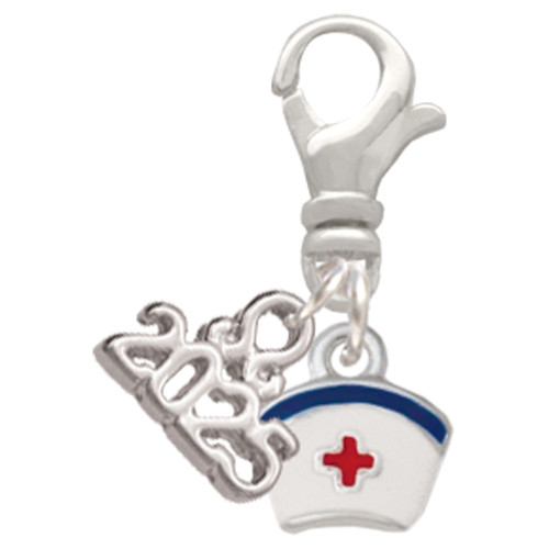 Silver Plated Mini Nurse Hat - Silver Plated Clip on Charm with Mini Year 2025: Year to Remember Jewelry Gift - Celebrations