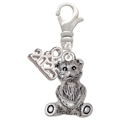 Antiqued Teddy Bear - Silver Plated Clip on Charm with Mini Year 2025: Year to Remember Jewelry Gift - Celebrations