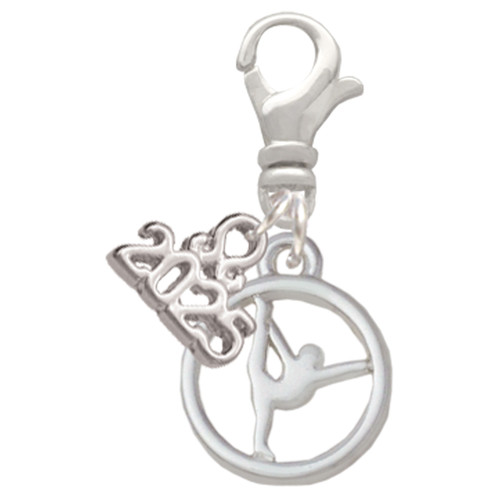 Silhouette Gymnast Disc - Raised Leg Split - Silver Plated Clip on Charm with Mini Year 2025: Year to Remember Jewelry Gift - Celebrations