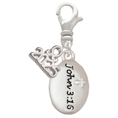 Silver Plated Bible Verse John 3:16 - Silver Plated Clip on Charm with Mini Year 2025: Year to Remember Jewelry Gift - Celebrations