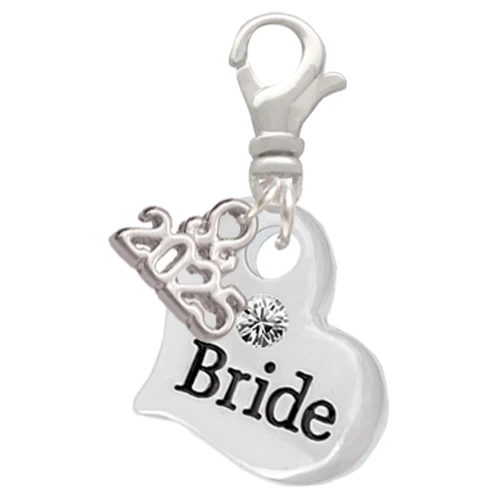 Silver Plated Large Bride Heart - Silver Plated Clip on Charm with Mini Year 2025: Year to Remember Jewelry Gift - Celebrations