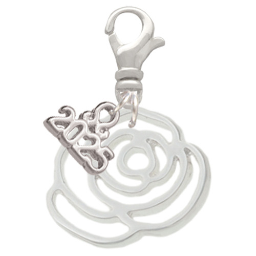 Silver Plated Large Rose Outline - Silver Plated Clip on Charm with Mini Year 2025: Year to Remember Jewelry Gift - Celebrations