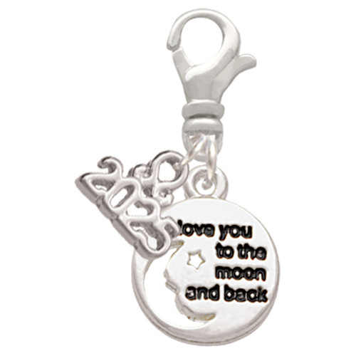 Silver Plated Small I Love You to the Moon - Silver Plated Clip on Charm with Mini Year 2025: Year to Remember Jewelry Gift - Celebrations
