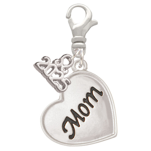 Silver Plated Script Mom Heart - Silver Plated Clip on Charm with Mini Year 2025: Year to Remember Jewelry Gift - Celebrations