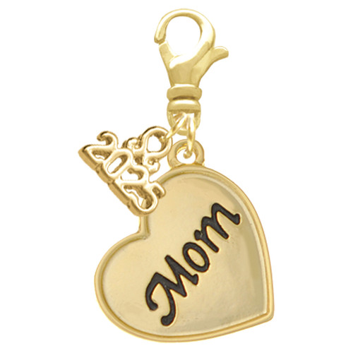 Gold-tone Script Mom Heart - Gold-tone Plated Clip on Charm with Mini Year 2025: Year to Remember Jewelry Gift - Celebrations