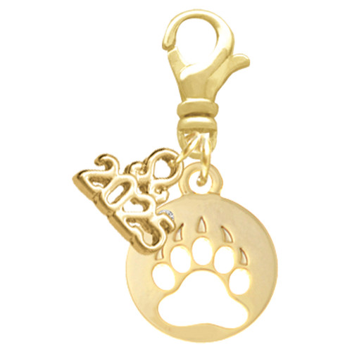 Gold-tone Bear Paw Silhouette - Gold-tone Plated Clip on Charm with Mini Year 2025: Year to Remember Jewelry Gift - Celebrations