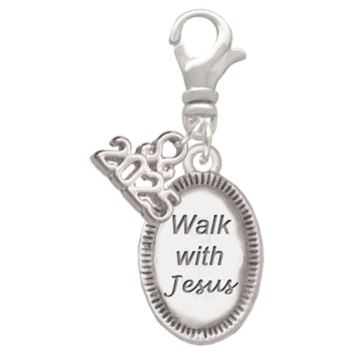 Silver Plated Walk with Jesus Oval - Silver Plated Clip on Charm with Mini Year 2025: Year to Remember Jewelry Gift - Celebrations