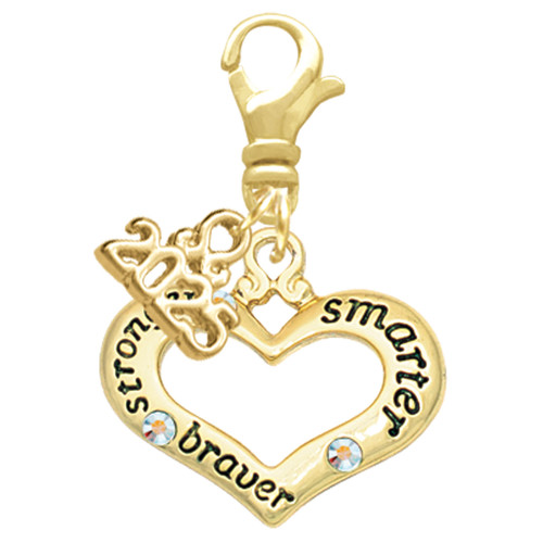 Gold-tone Heart with 3 AB Crystals - Stronger Braver Smarter - Gold-tone Plated Clip on Charm with Mini Year 2025: Year to Remember Jewelry Gift - Celebrations
