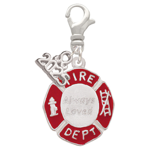 Silver Plated Red Always Loved Fire Department Shield - Silver Plated Clip on Charm with Mini Year 2025: Year to Remember Jewelry Gift - Celebrations