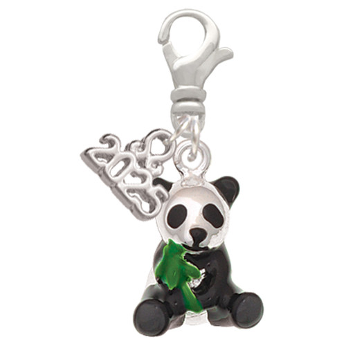 Silver Plated Enamel Sitting Panda - Silver Plated Clip on Charm with Mini Year 2025: Year to Remember Jewelry Gift - Celebrations