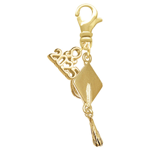 Gold-tone 3-D Graduation Hat - Gold-tone Plated Clip on Charm with Mini Year 2025: Year to Remember Jewelry Gift - Celebrations