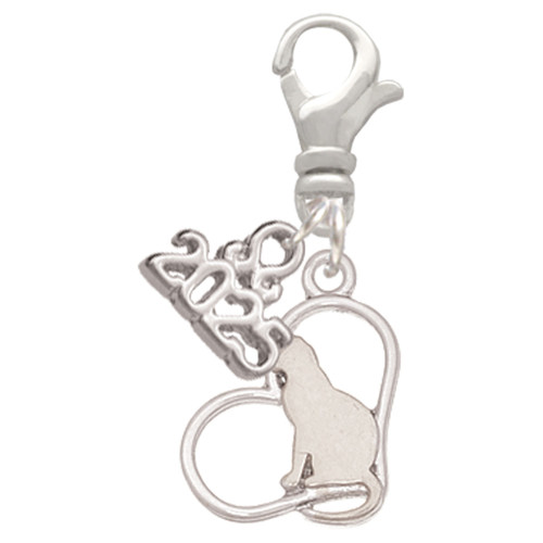 Silver Plated Cat Silhouette Heart - Silver Plated Clip on Charm with Mini Year 2025: Year to Remember Jewelry Gift - Celebrations