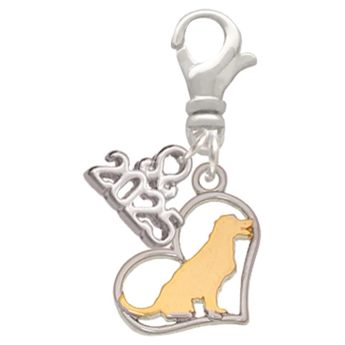 Two-tone Labrador Silhouette Heart - Silver Plated Clip on Charm with Mini Year 2025: Year to Remember Jewelry Gift - Celebrations