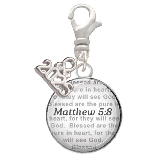 Silver Plated Domed Matthew 5:8 - Silver Plated Clip on Charm with Mini Year 2025: Year to Remember Jewelry Gift - Celebrations