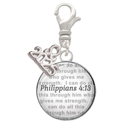 Silver Plated Domed Philippians 4:13 - Silver Plated Clip on Charm with Mini Year 2025: Year to Remember Jewelry Gift - Celebrations