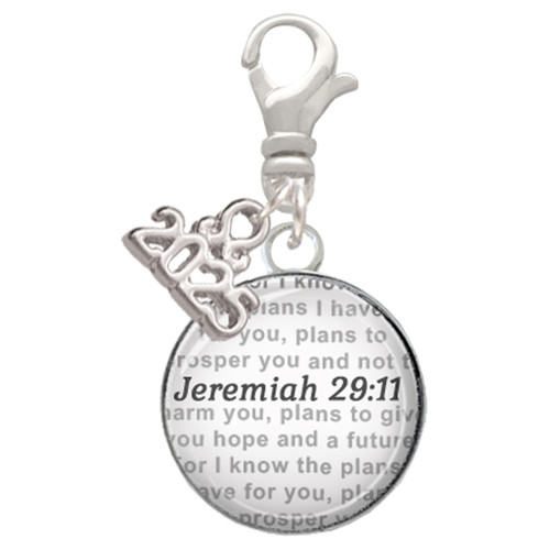 Silver Plated Domed Jeremiah 29:11 - Silver Plated Clip on Charm with Mini Year 2025: Year to Remember Jewelry Gift - Celebrations