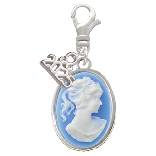 Silver Plated Small Blue Oval Cameo - Silver Plated Clip on Charm with Mini Year 2025: Year to Remember Jewelry Gift - Celebrations