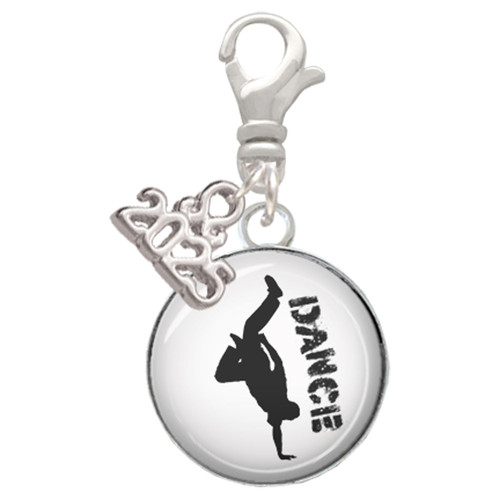 Silver Plated Domed Hip Hop Handstand Dance - Silver Plated Clip on Charm with Mini Year 2025: Year to Remember Jewelry Gift - Celebrations