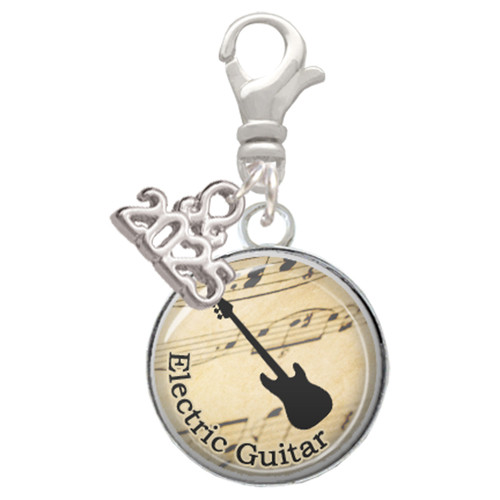 Silver Plated Domed Music - Electric Guitar - Silver Plated Clip on Charm with Mini Year 2025: Year to Remember Jewelry Gift - Celebrations