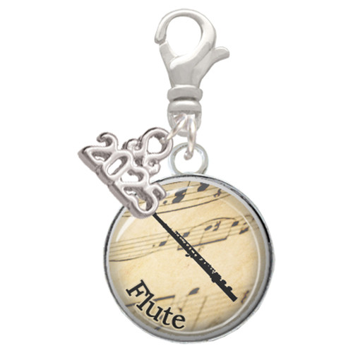 Silver Plated Domed Music - Flute - Silver Plated Clip on Charm with Mini Year 2025: Year to Remember Jewelry Gift - Celebrations