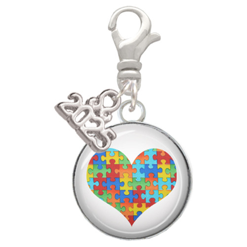 Silver Plated Domed Puzzle Piece Heart - Silver Plated Clip on Charm with Mini Year 2025: Year to Remember Jewelry Gift - Celebrations