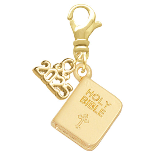 Gold-tone Holy Bible - Gold-tone Plated Clip on Charm with Mini Year 2025: Year to Remember Jewelry Gift - Celebrations
