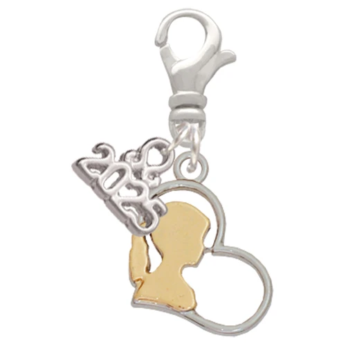 Two-tone Girl Silhouette in Heart - Silver Plated Clip on Charm with Mini Year 2025: Year to Remember Jewelry Gift - Celebrations