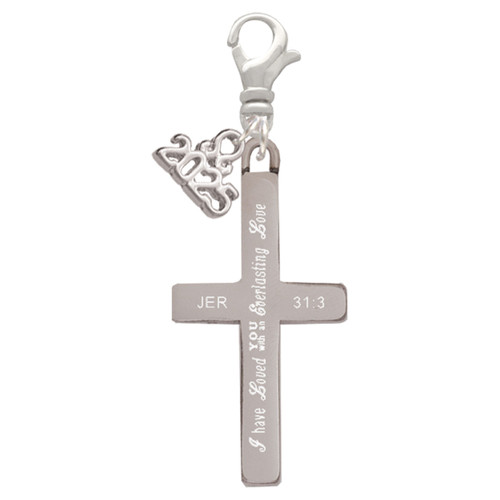 Stainless Steel Jeremiah 31:3 - Everlasting Love Engraved Cross - Silver Plated Clip on Charm with Mini Year 2025: Year to Remember Jewelry Gift - Celebrations
