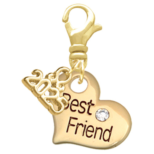 Gold-tone Large Best Friend Heart with Crystal - Gold-tone Plated Clip on Charm with Mini Year 2025: Year to Remember Jewelry Gift - Celebrations