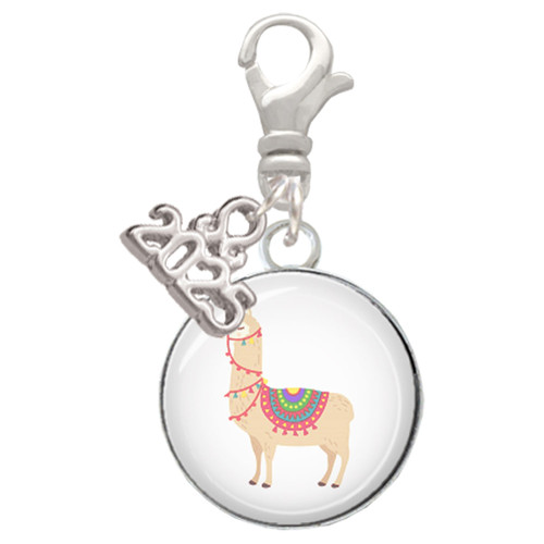 Silver Plated Domed Llama - Silver Plated Clip on Charm with Mini Year 2025: Year to Remember Jewelry Gift - Celebrations