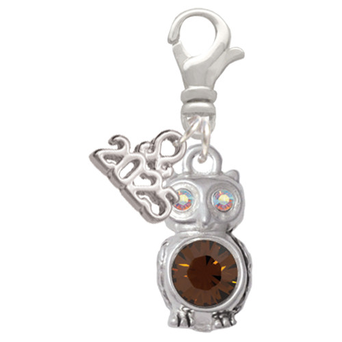 Silver Plated 3-D Brown & AB Crystal Owl - Silver Plated Clip on Charm with Mini Year 2025: Year to Remember Jewelry Gift - Celebrations