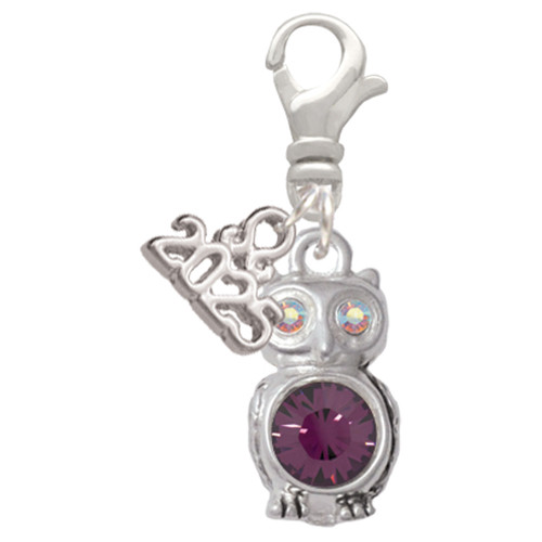 Silver Plated 3-D Purple & AB Crystal Owl - Silver Plated Clip on Charm with Mini Year 2025: Year to Remember Jewelry Gift - Celebrations