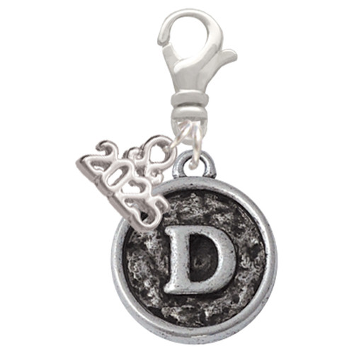 Silver Plated Antiqued Round Seal - Initial - D - Silver Plated Clip on Charm with Mini Year 2025: Year to Remember Jewelry Gift - Celebrations